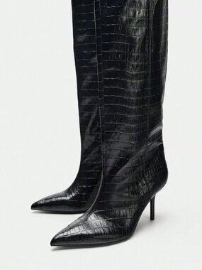 Black Business Casual Women's Textured Pattern Slim Mid-Calf High Heel Boots